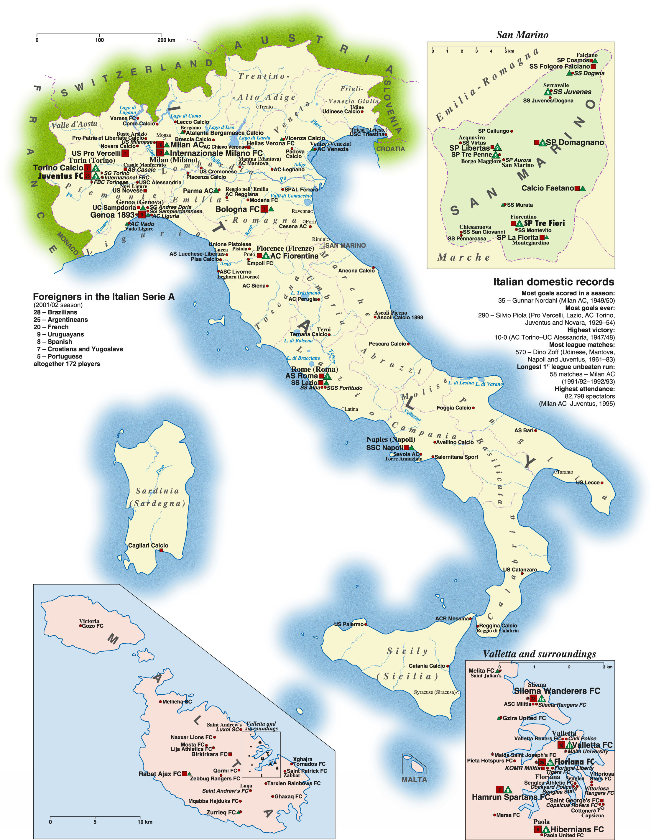 The First World Atlas Of Football Map Of Italy San Marino Malta